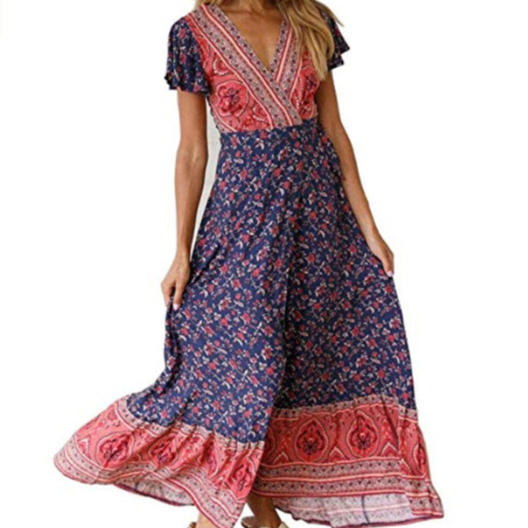 sexy boho floral Printed Wrap v-neck dress SIZE L - Picture 4 of 8